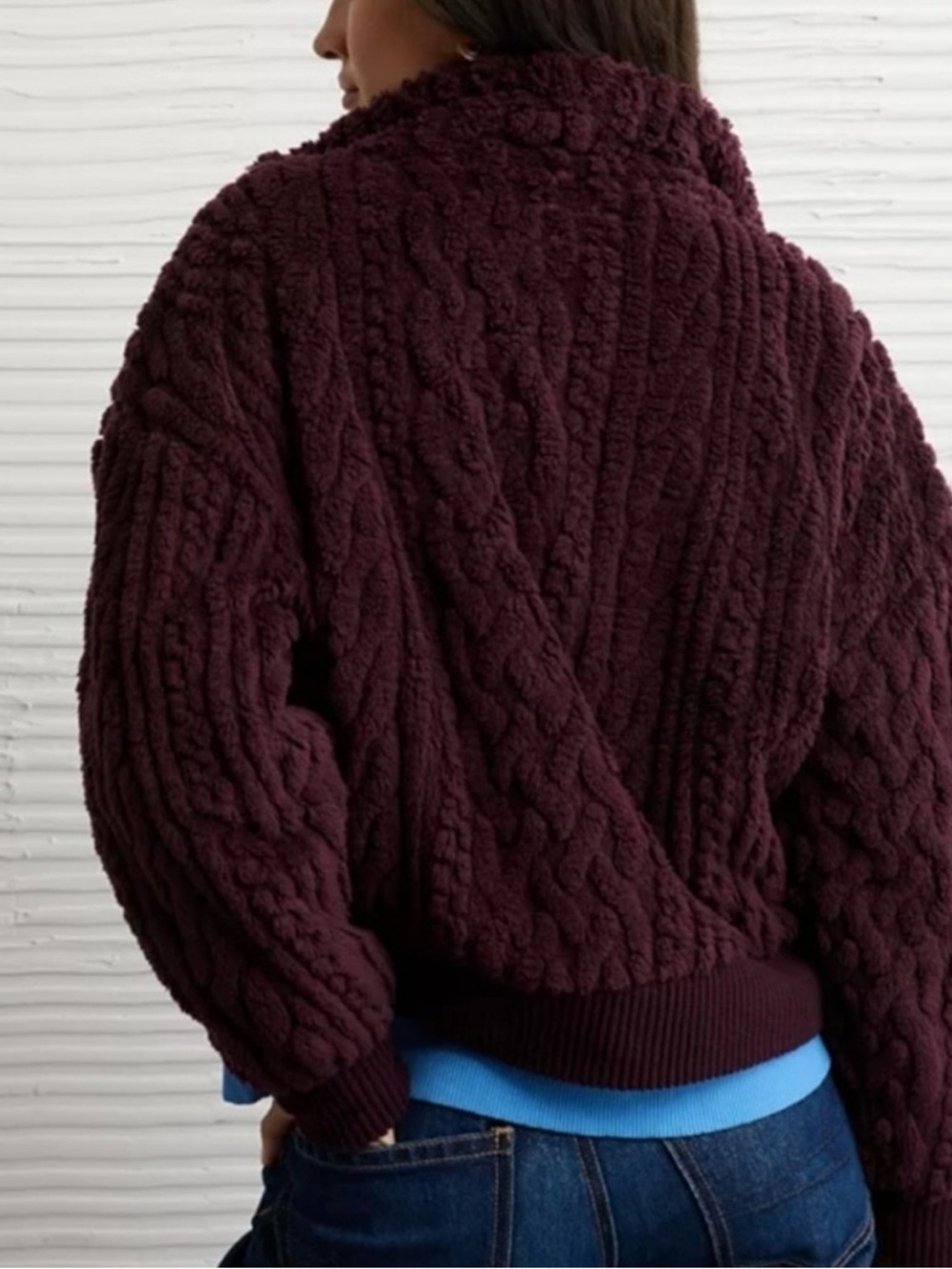 American Eagle Cable Sherpa Full Zip-Up Sweatshirt in Burgundy - Picture 9 of 10